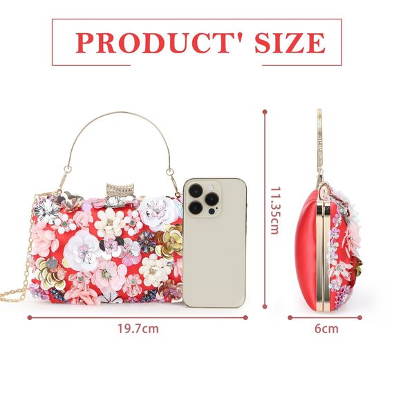 Clutches Flower Evening Handbag Chain Strap Shoulder Bag Red :] - Picture 3 of 6